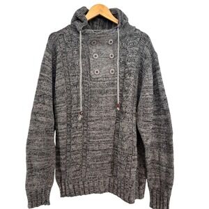 Coofandy Mens Grey Marl Cable Knit Chunky Button High Neck Hoodie Sweater Large